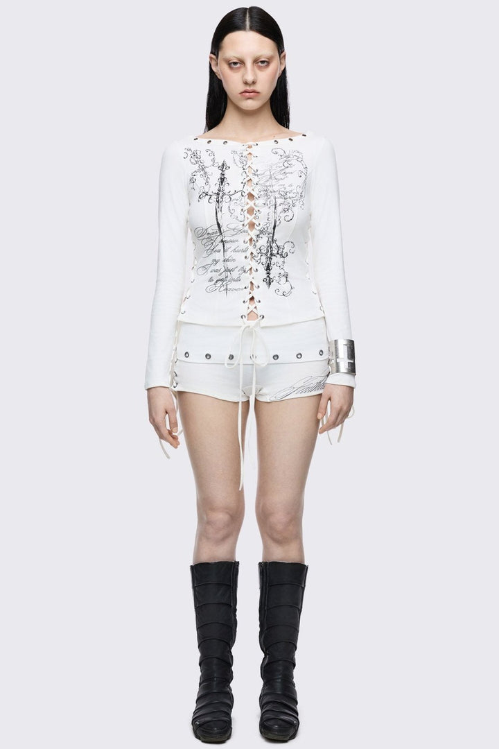 White Graphic Long Sleeve Lace-Up Top | Minga London