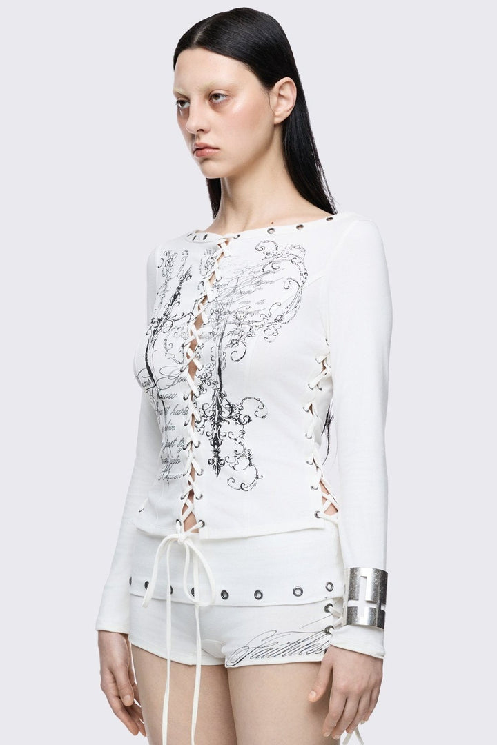 White Graphic Long Sleeve Lace-Up Top | Minga London