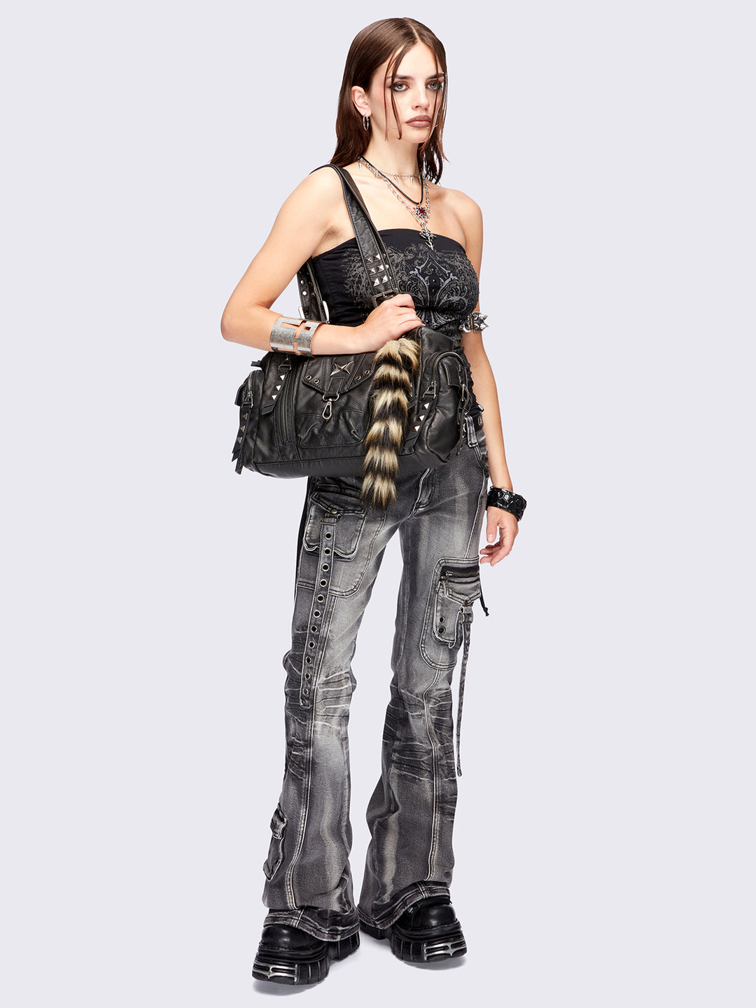 バッグ leather gimmick studs one shoulder bag Black Vegan Leather Shoulder Bag with Star Clasp | Minga London