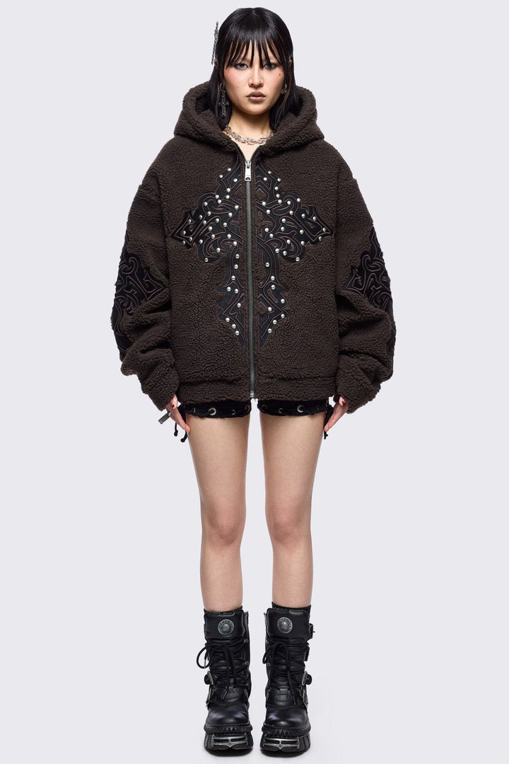 Brown Borg Fleece Jacket with Patch Crosses | Minga London