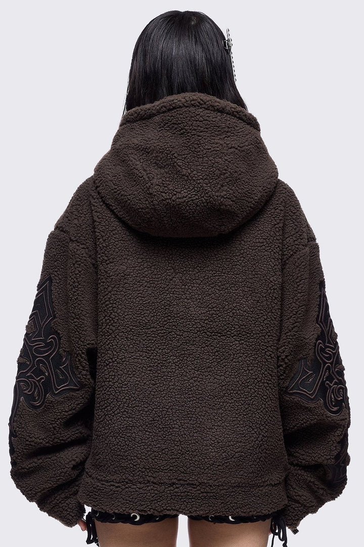 Brown Borg Fleece Jacket with Patch Crosses | Minga London