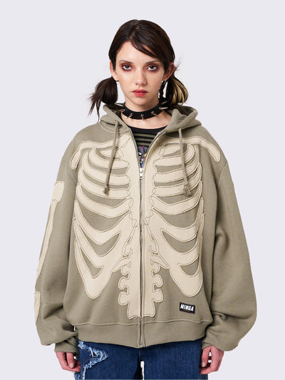Khaki Green Oversized Zip Up Hoodie with Skeleton Patch