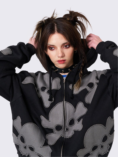 Black Oversized Zip Up Hoodie with Skull Patches
