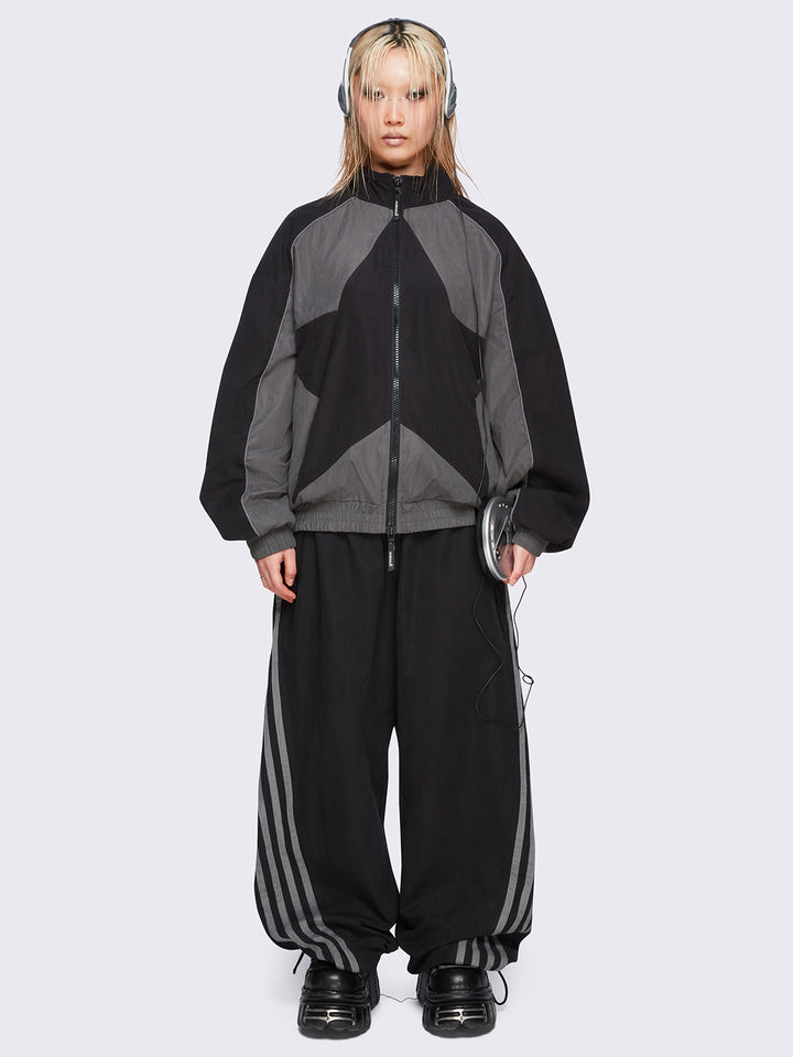Black Grey Color-Block Star Windbreaker Jacket | Minga London