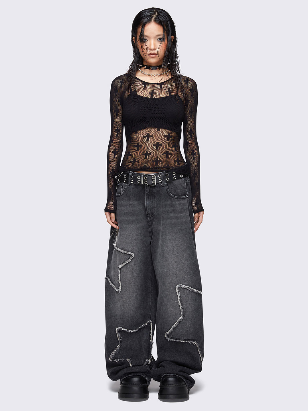 Black Wash Baggy Wide Leg Jeans with Star Patches | Minga London