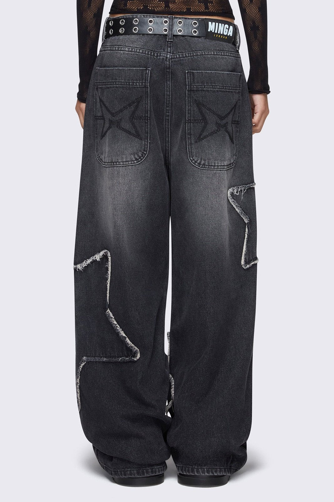 Black Wash Baggy Wide Leg Jeans with Star Patches | Minga London
