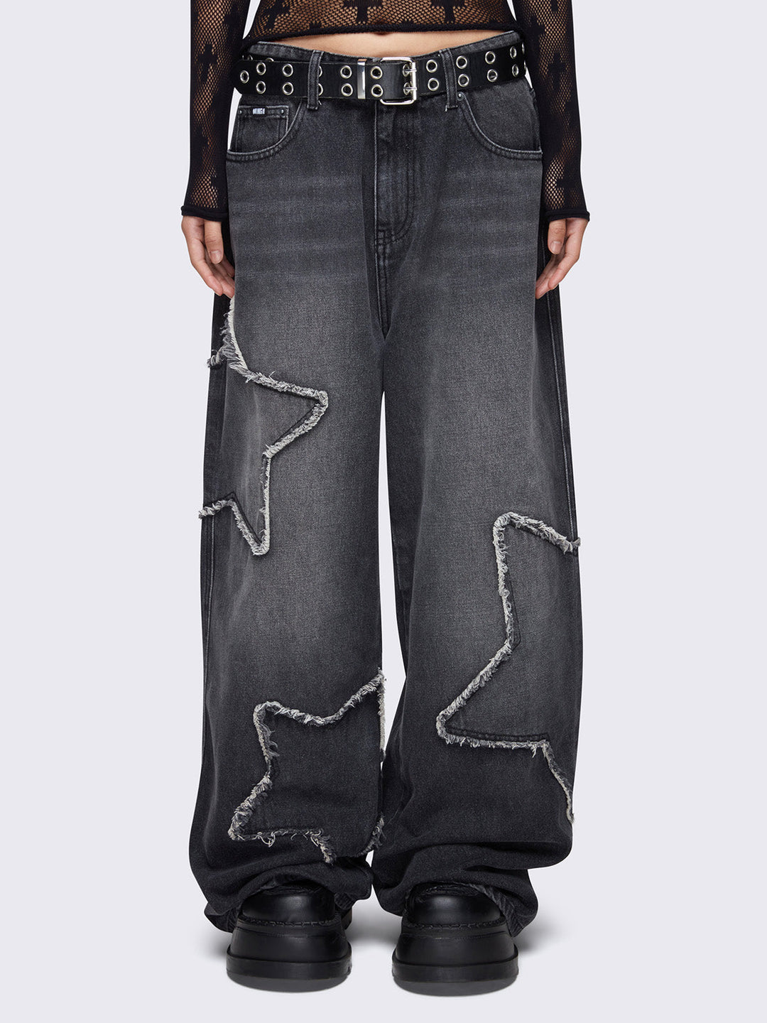 Black Wash Baggy Wide Leg Jeans with Star Patches Minga London