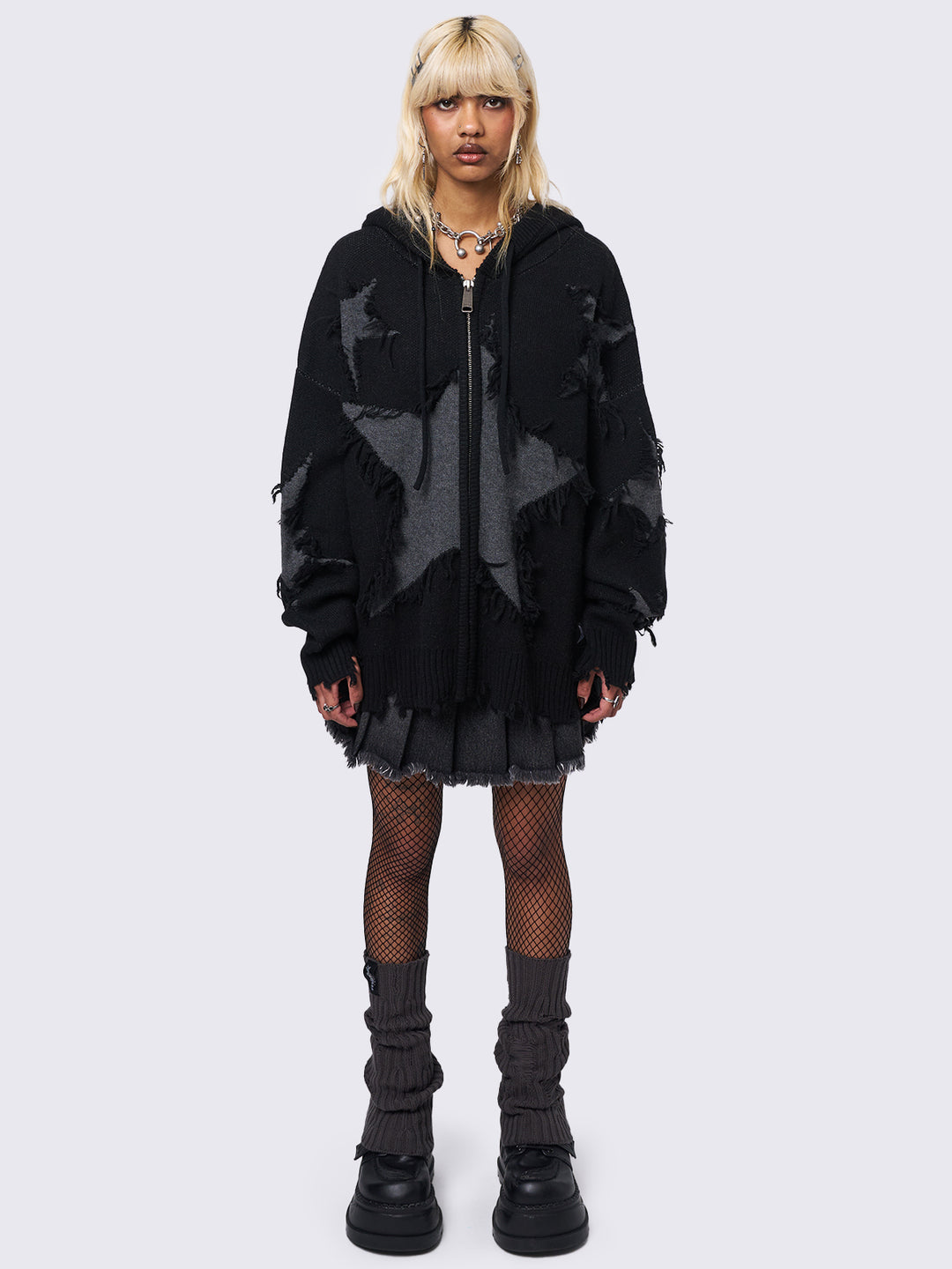 今 話題 の 人気 商品 Black Knitted London Minga | Stars Distressed with Hoodie Up Zip トップス