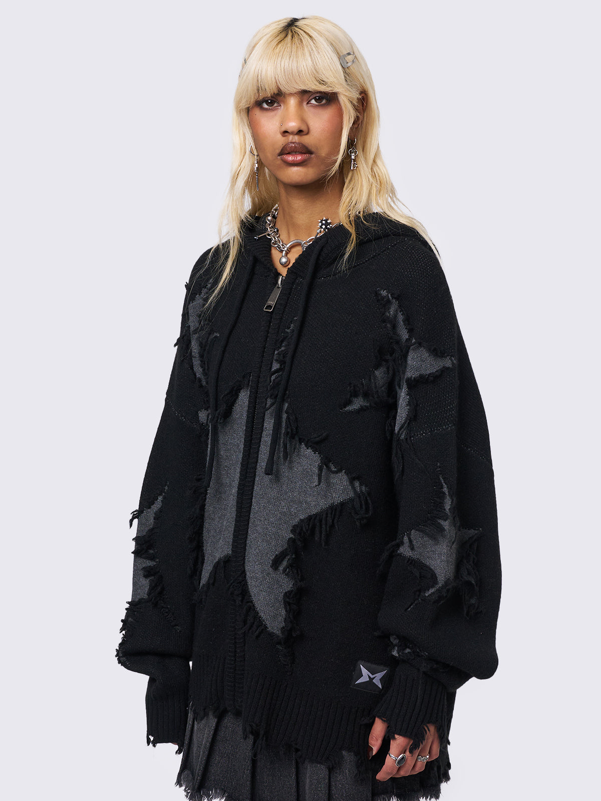 Black Knitted Zip Up Hoodie with Distressed Stars | Minga London