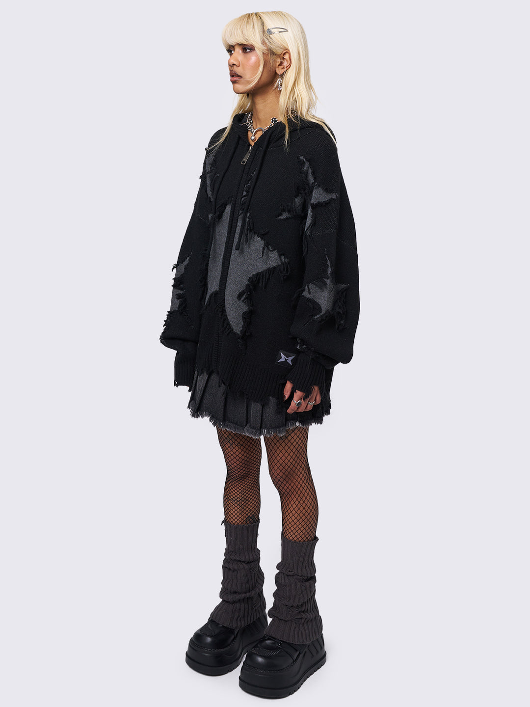 『2年保証』 Black Knitted Zip Up Hoodie with Distressed Stars | Minga London トップス