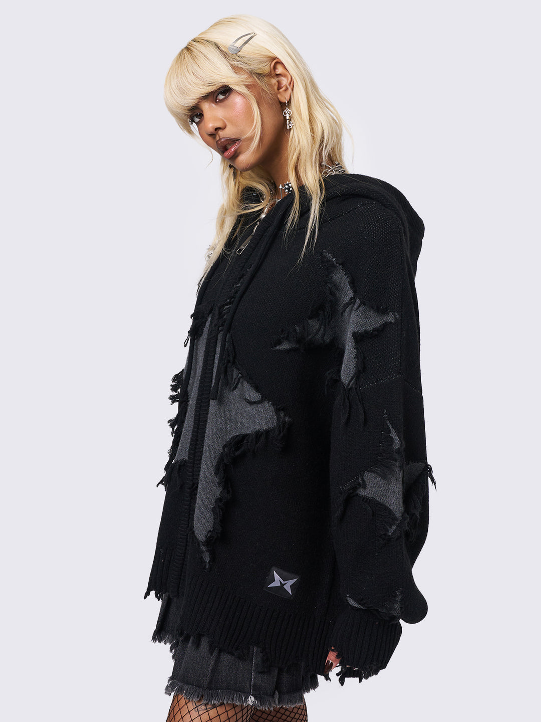 ファッション 通販 Hoodie Up Zip Knitted Black with London Minga | Stars Distressed トップス