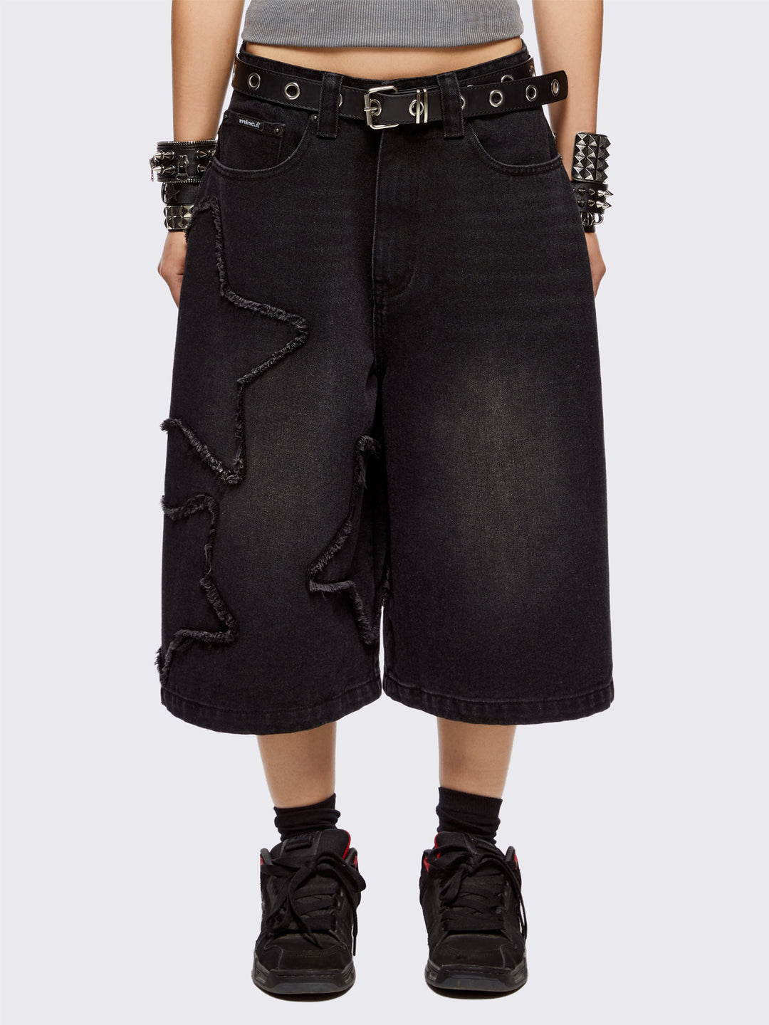 Black Denim Long Jorts with Stars Patch - Y2k Clothing