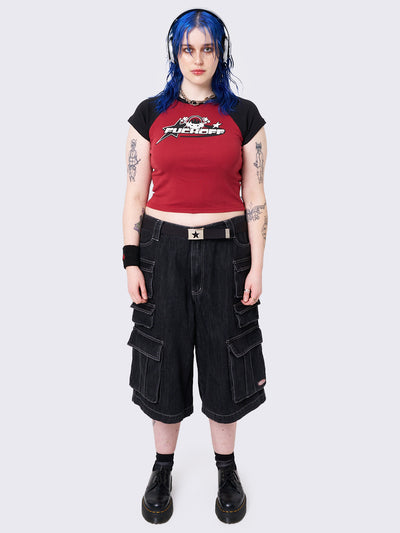 Black Denim Long Cargo Shorts with Multi Pockets