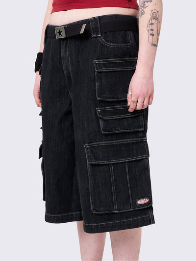 Black Denim Long Cargo Shorts with Multi Pockets