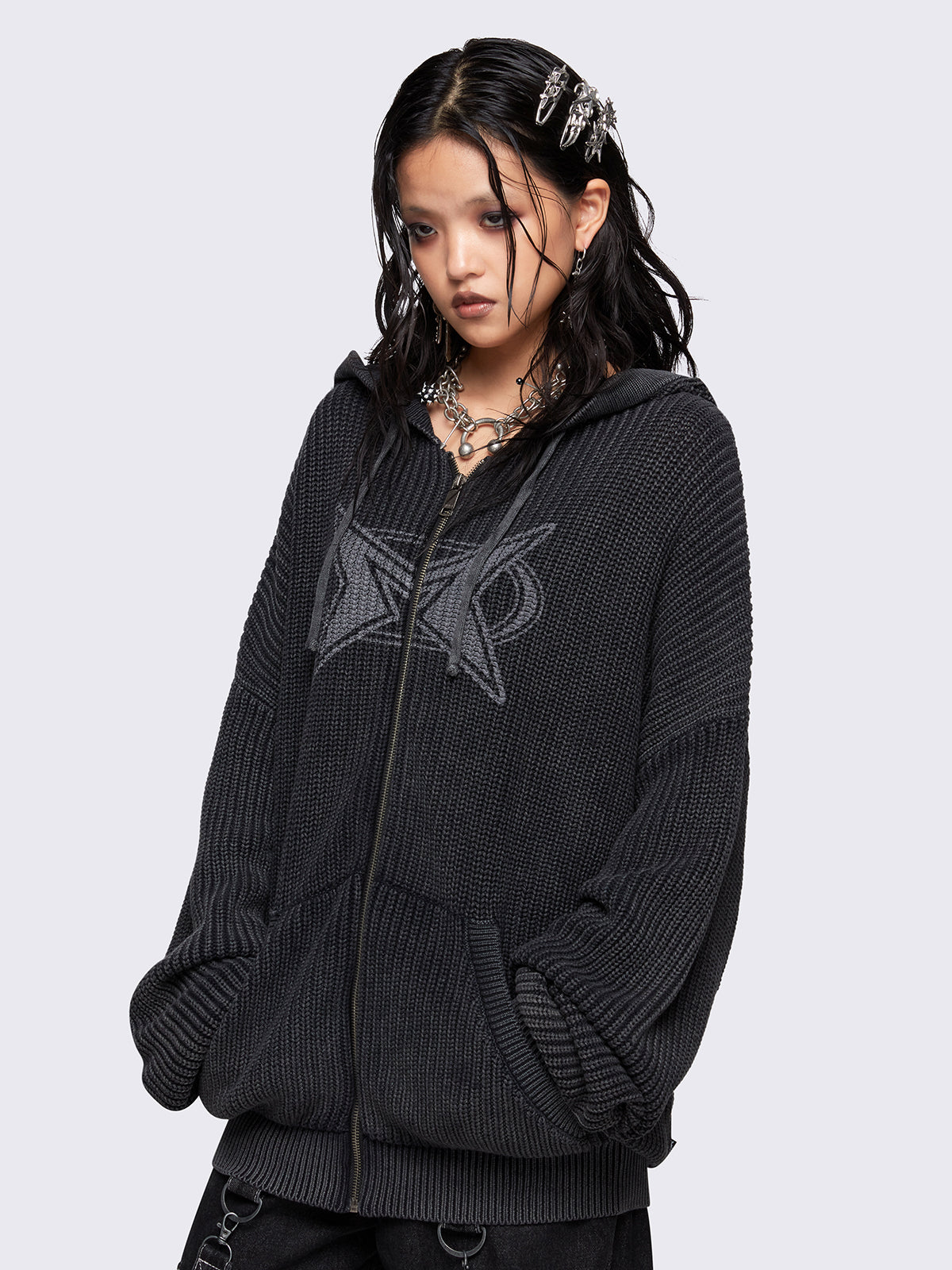 Black Washed Knit Zip Up Hoodie Cardigan Minga London