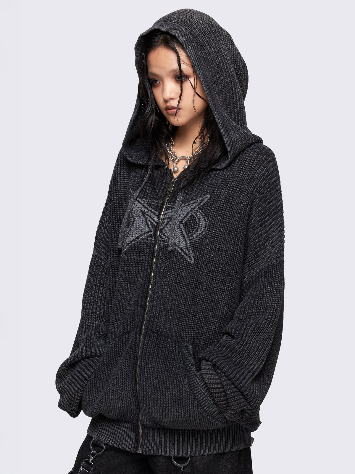 Black Washed Knit Zip Up Hoodie Cardigan Minga London