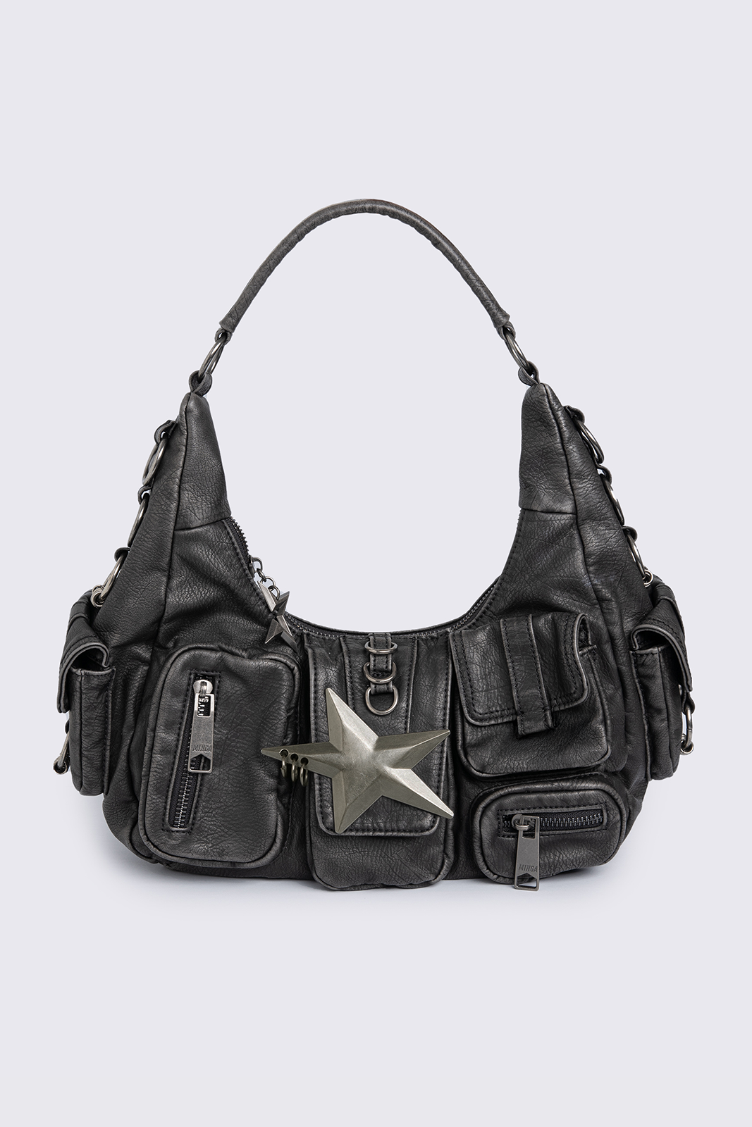 Black washed faux leather shoulder bag with silver star clasp, hardware details and multiple pockets.