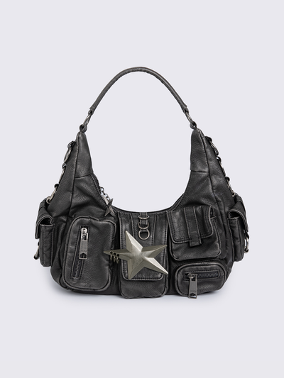 Black washed faux leather shoulder bag with silver star clasp, hardware details and multiple pockets.