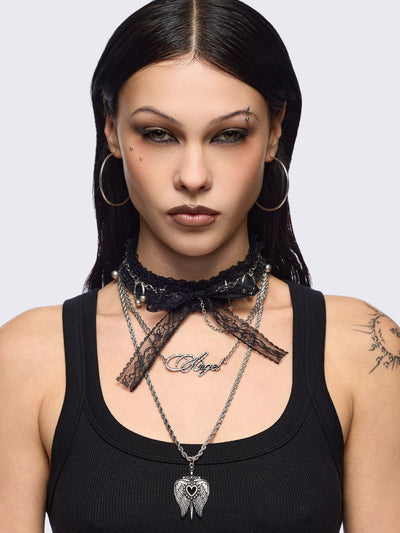 Set of 3 necklaces, black lace bow choker with piercings and chain  and "Angel" tag and winged heart pendants.