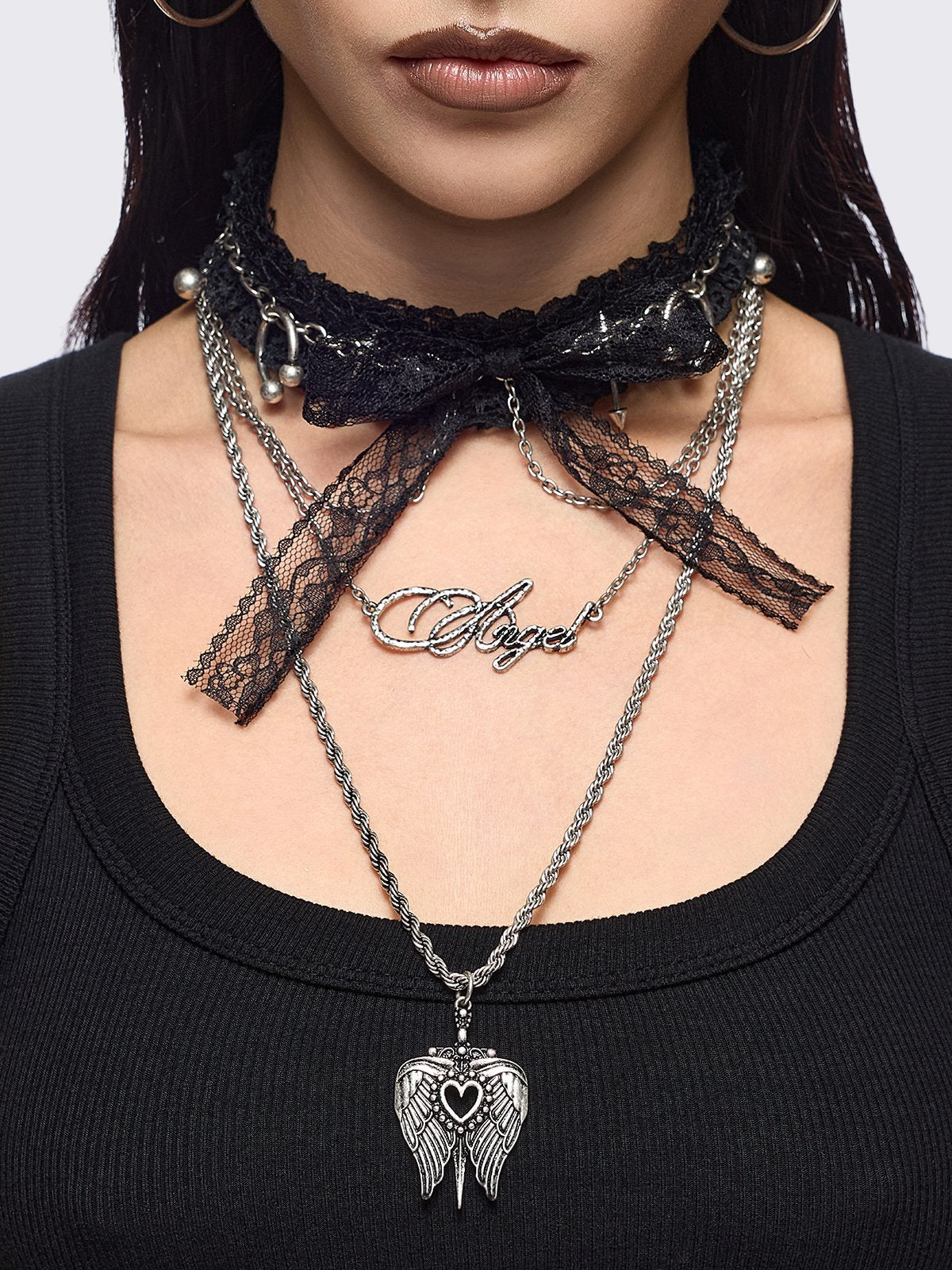 Set of 3 necklaces, black lace bow choker with piercings and chain  and 