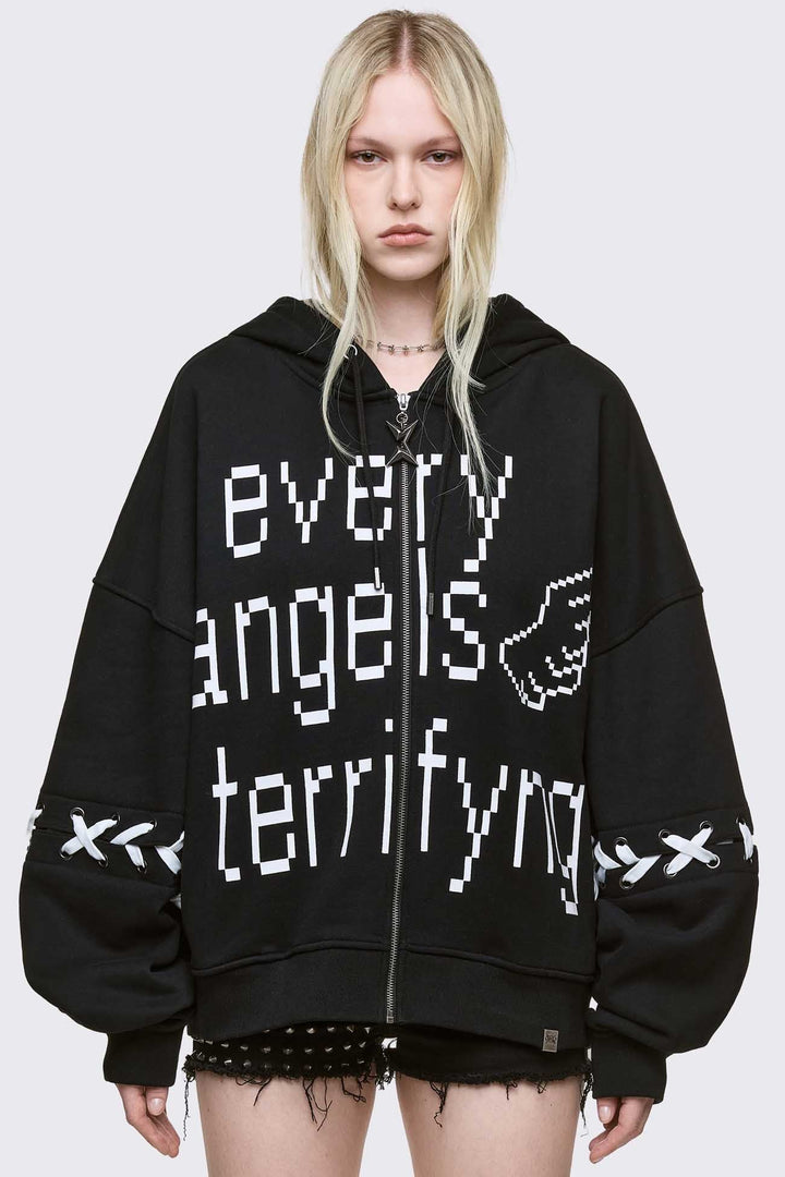 【archive】Final  nylon big hoodie 変形 Black Graphic Zip Up Hoodie with White Lace-Up Bows | Minga London