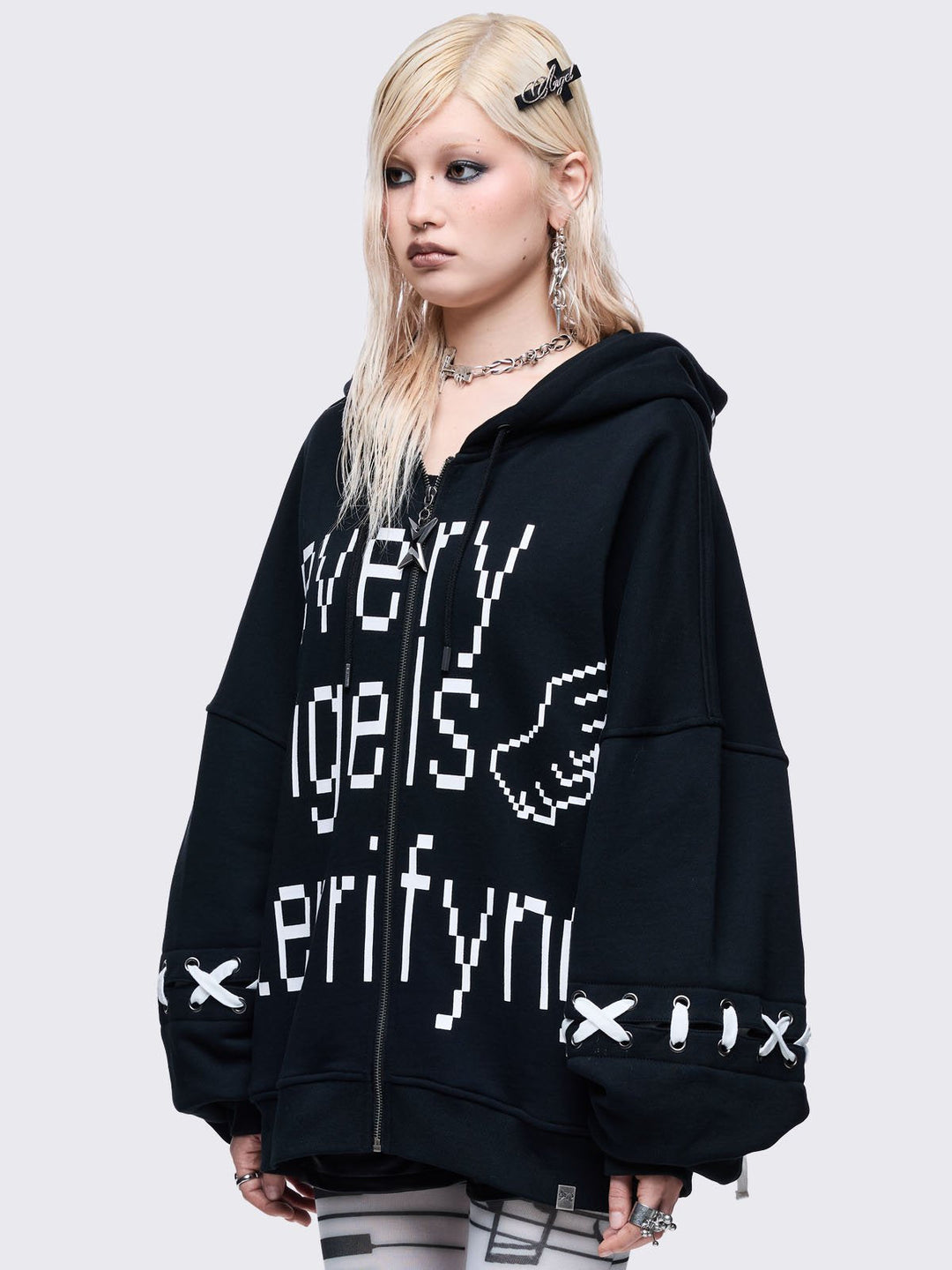 Black Graphic Zip Up Hoodie with White Lace-Up Bows | Minga London