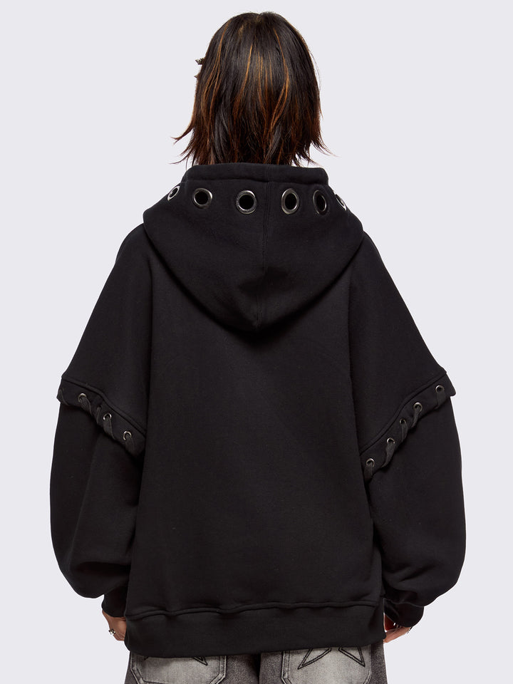 Black Oversized Zip Up Hoodie with Eyelets | Minga London