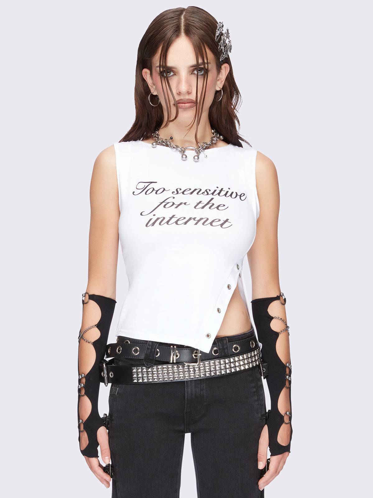 White slit neck top with side split and " too sensitive for the internet" graphic front print.