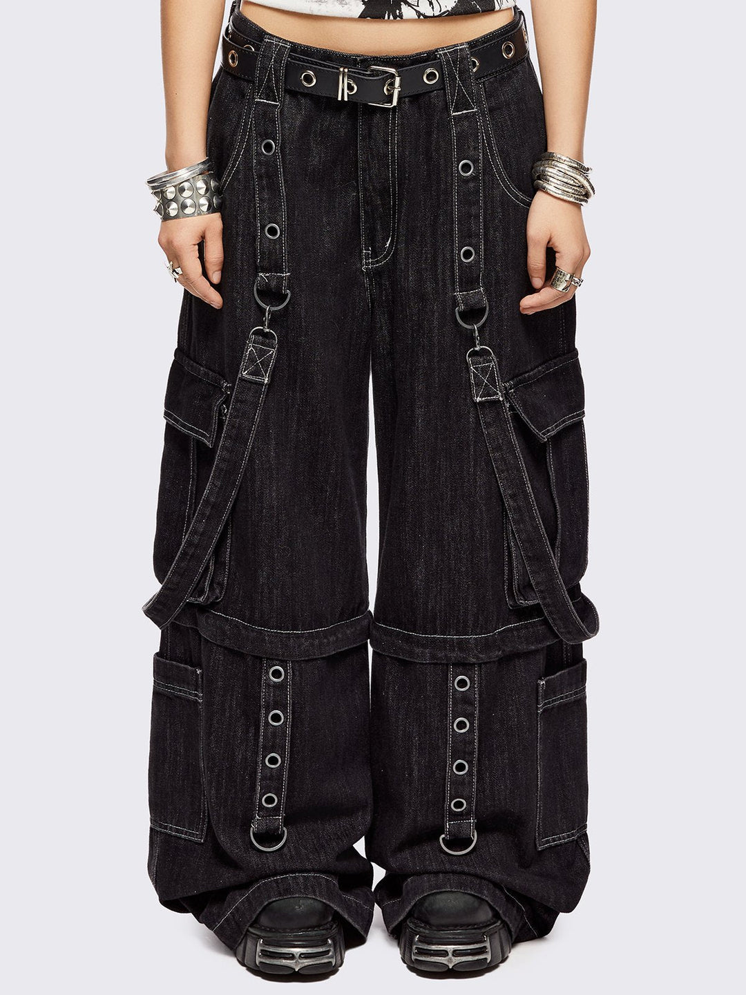 Y2K Black Multi-Pocket Wide Leg Cargo Jeans with D-Ring Straps