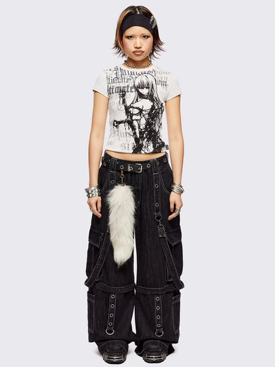 Black multi pocket cargo jeans featuring a detachable-leg with zipper and all over straps and D-rings details.