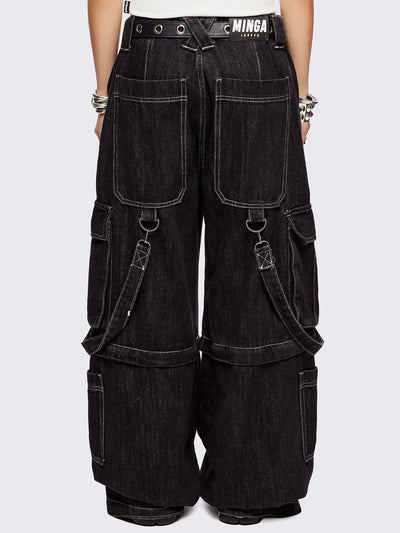 Black multi pocket cargo jeans featuring a detachable-leg with zipper and all over straps and D-rings details.