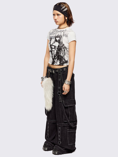 Black multi pocket cargo jeans featuring a detachable-leg with zipper and all over straps and D-rings details.