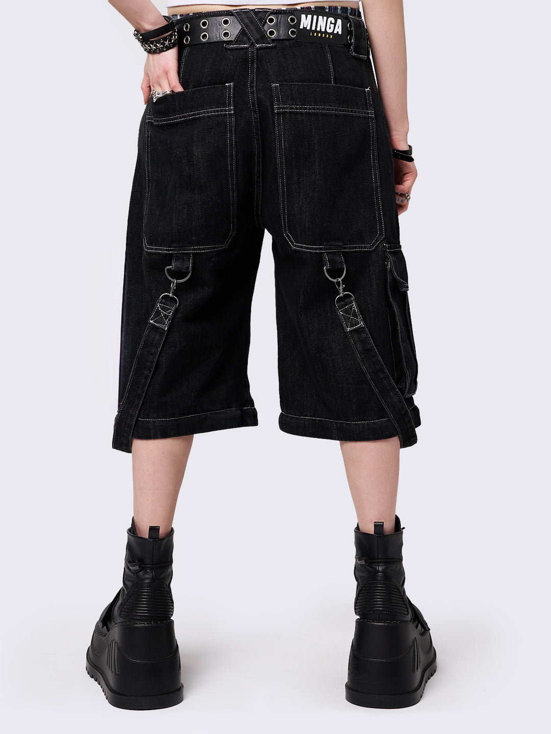 英国発【MINGA LONDON】TREK ワイドレッグ カーゴ ジーンズ Y2K Black Multi-Pocket Wide Leg Cargo Jeans with D-Ring