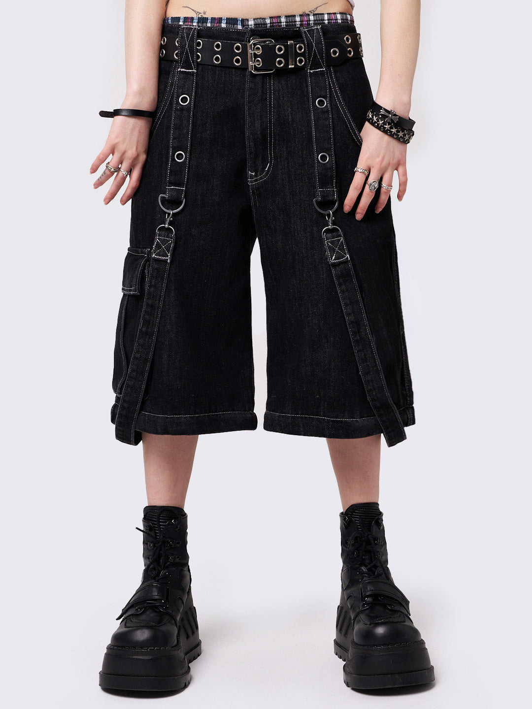 Y2K Black Multi-Pocket Wide Leg Cargo Jeans with D-Ring Straps