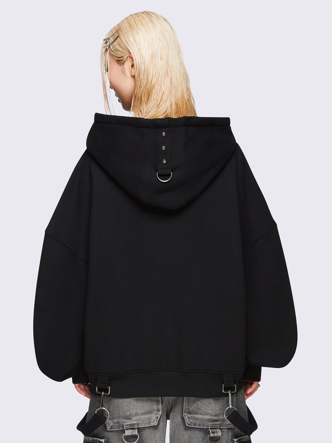 Black Oversized Zip-Up Hoodie with Straps & Metal Details