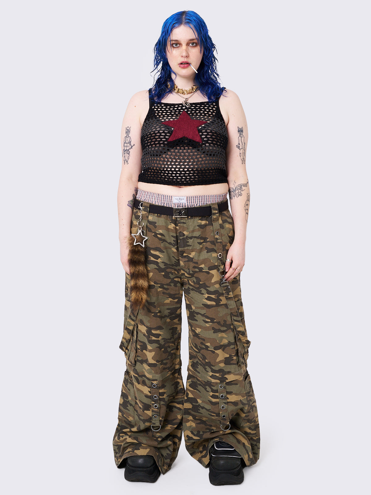 Camo Multi Pocket Wide Leg Cargo Pants with Straps and Detachable Legs