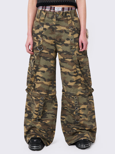 Camo Multi Pocket Wide Leg Cargo Pants with Straps and Detachable Legs