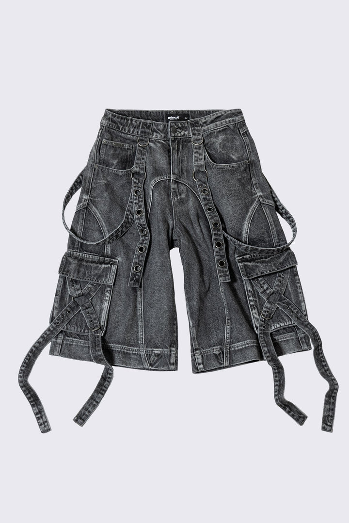 Grey Cargo Jorts With Strap Detail | Minga London
