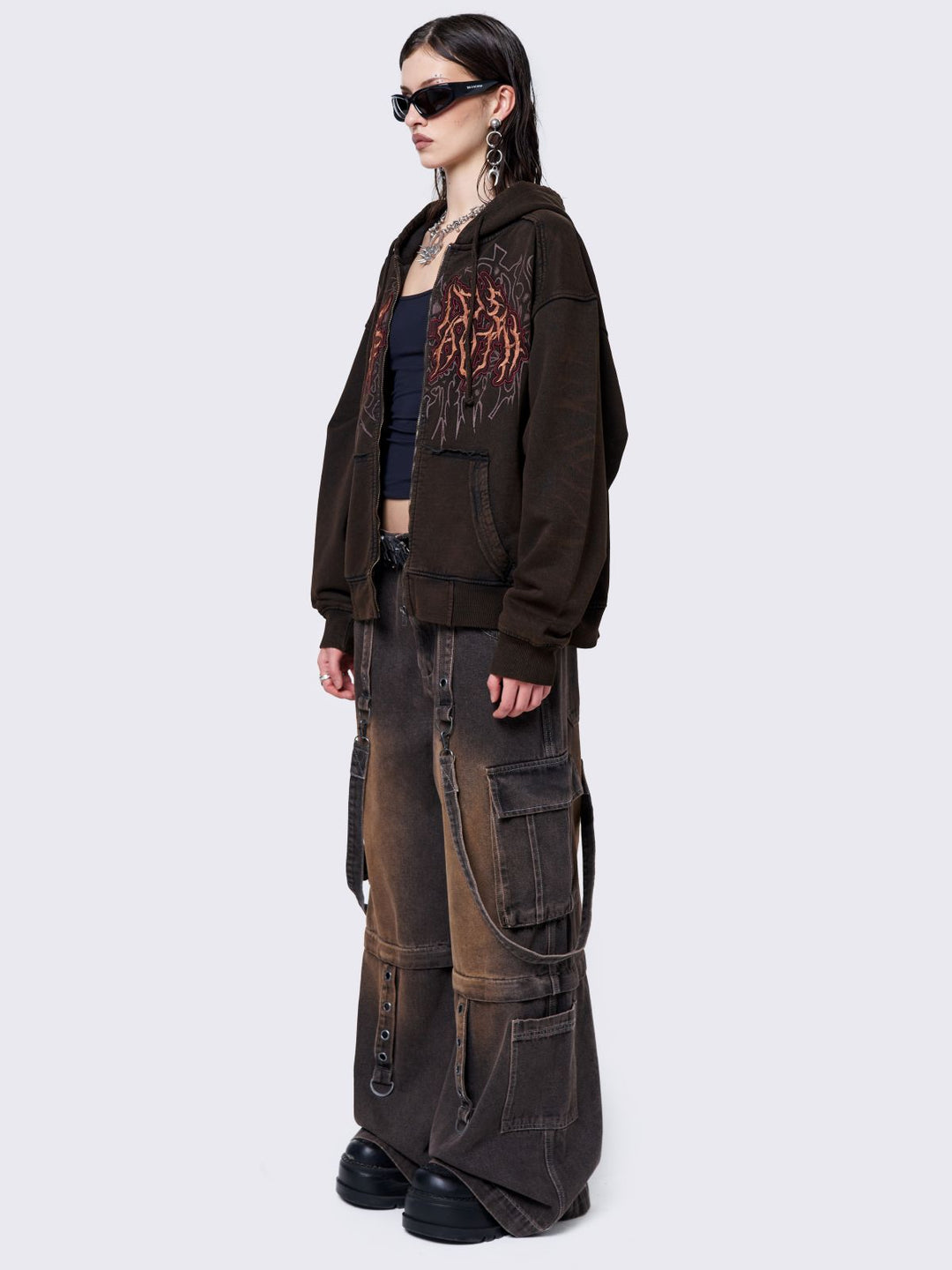 Brown Overdye Multi-Pocket Wide Leg Cargo Jeans | Minga London