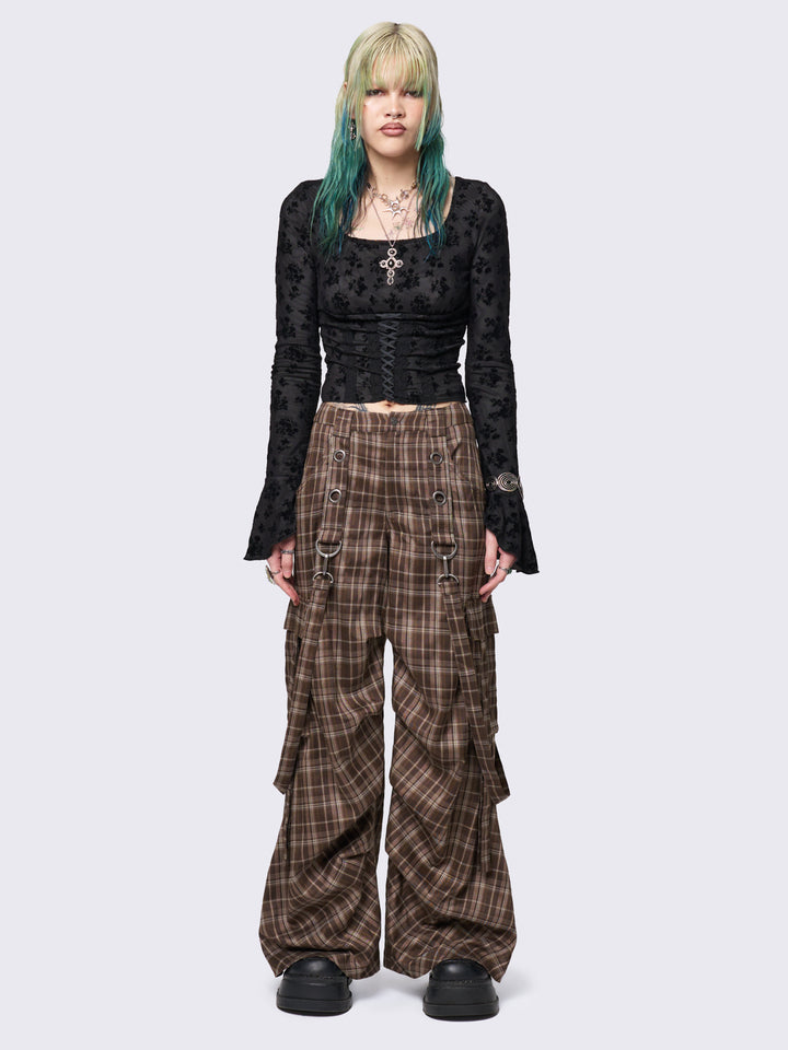 Plaid Wide Leg Cargo Pants in Brown and Beige | Minga London 
