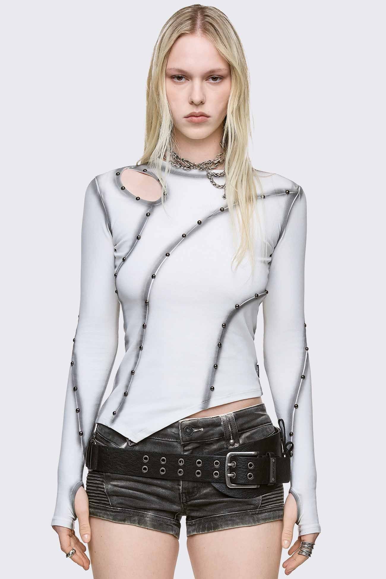 Off-white asymmetric top featuring cut out, contrast seam and stud details and thumbhole cuffs.