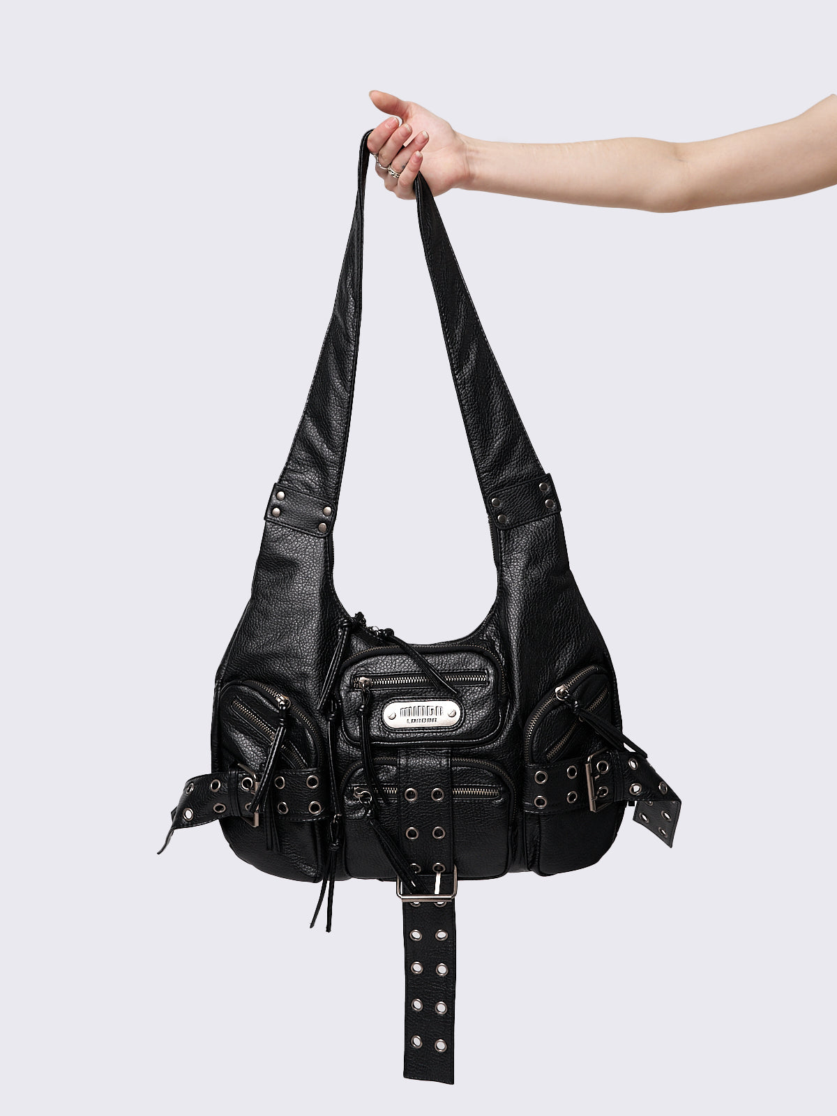 Black Vegan Leather Shoulder Bag with Multi Pockets and Buckle Straps