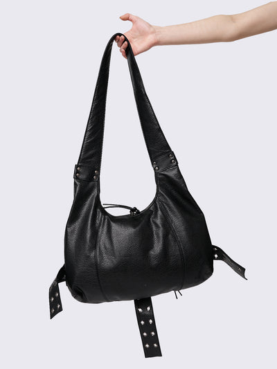 Black Vegan Leather Shoulder Bag with Multi Pockets and Buckle Straps