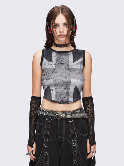 Union jack tank top in black and grey featuring a cropped length.