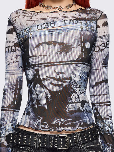 Black and grey graphic mesh crop top with cut-out and safety pins.