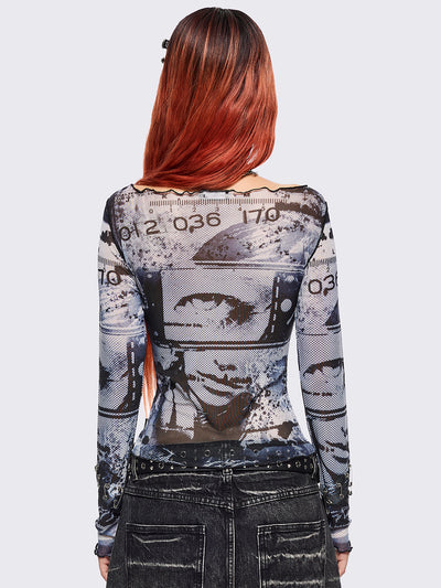 Black and grey graphic mesh crop top with cut-out and safety pins.