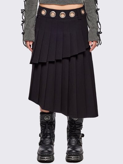 Black pleated asymmetric midi skirt with silver eyelet on waistband