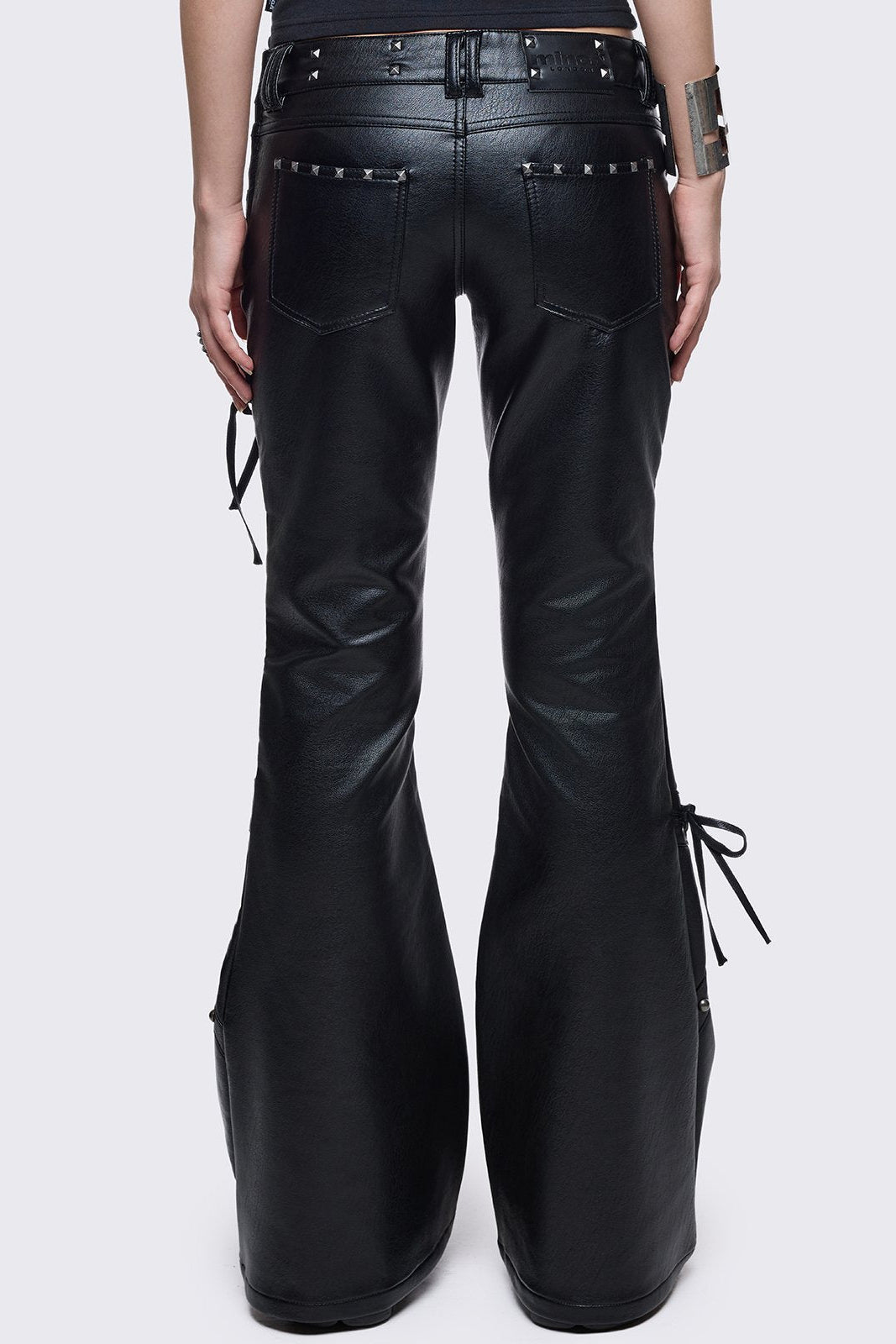 Vegan Leather Flared Pants with Studs and Lace-Up | Minga London