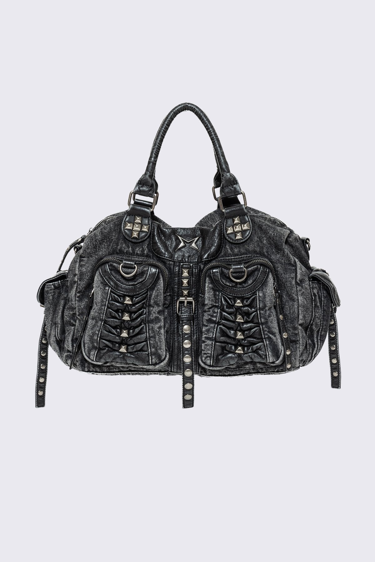 Black acid-wash denim shoulder bag with studs, ruched pockets and buckle details in a grunge Y2K style.