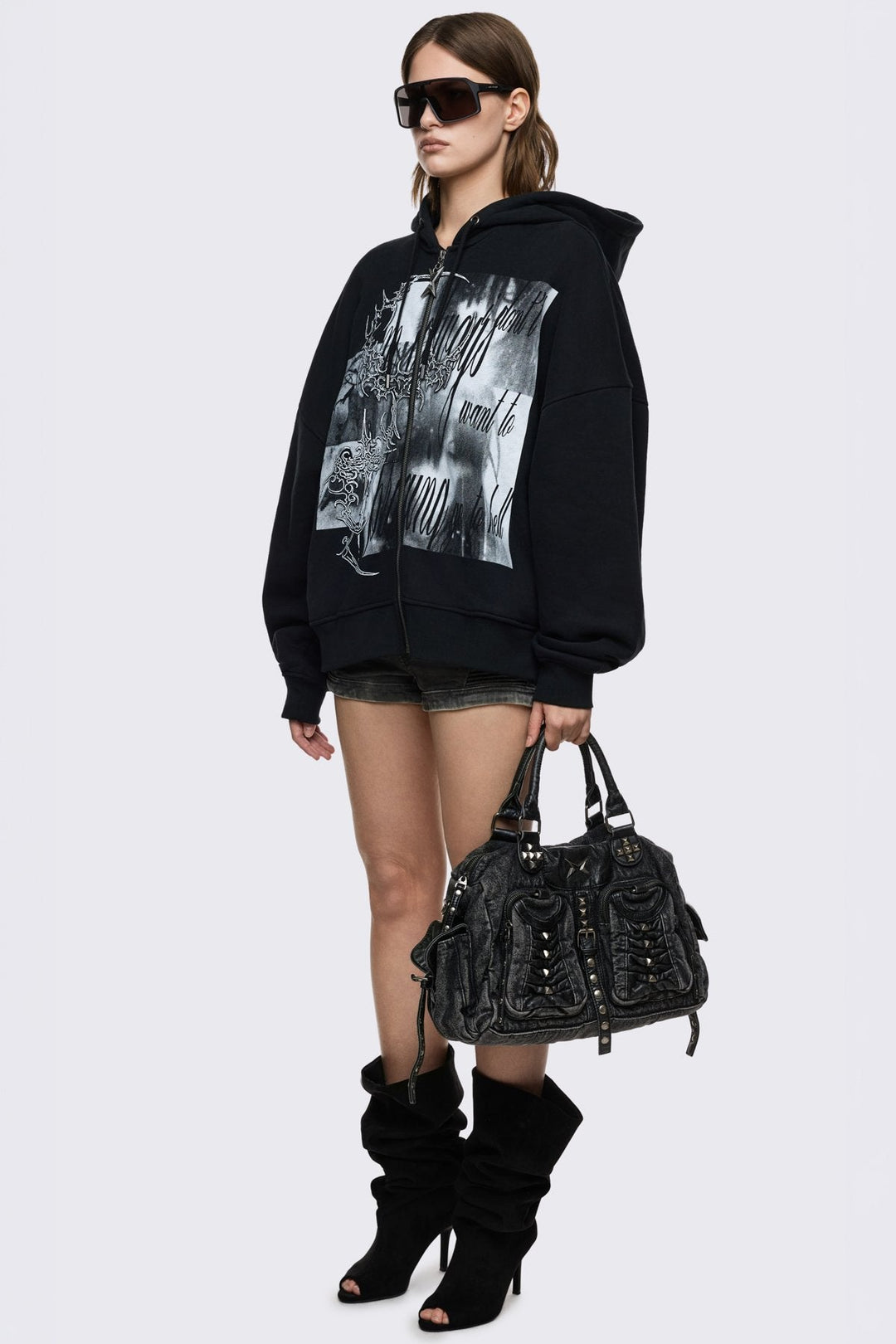 Black Denim Shoulder Bag with Studs | Minga London
